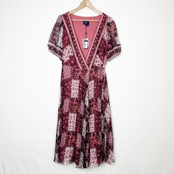 Marchesa Notte multicolor, chiffon pattern, wrap, pleated midi dress - Picture 1 of 9